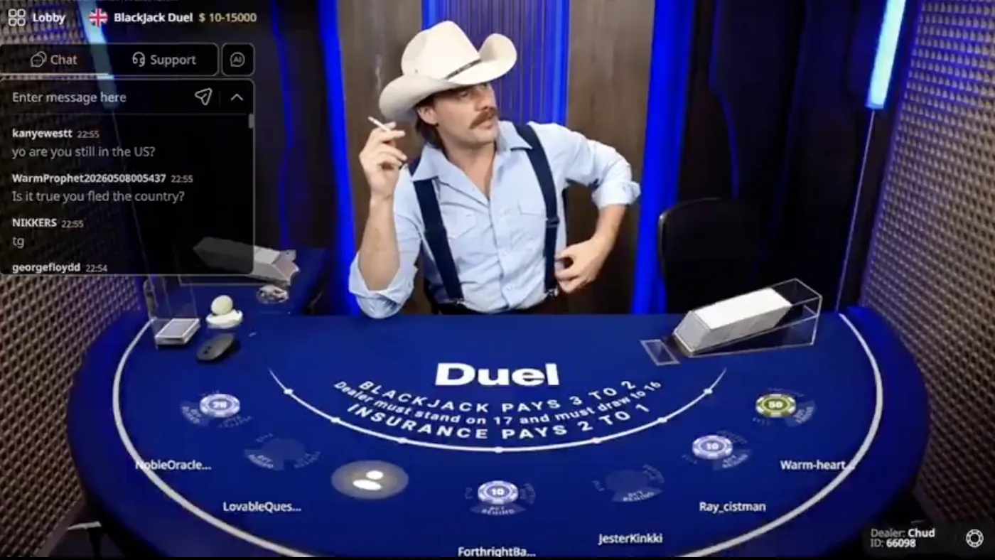 Chud the Builder dealing Duel Blackjack dressed as a cowboy