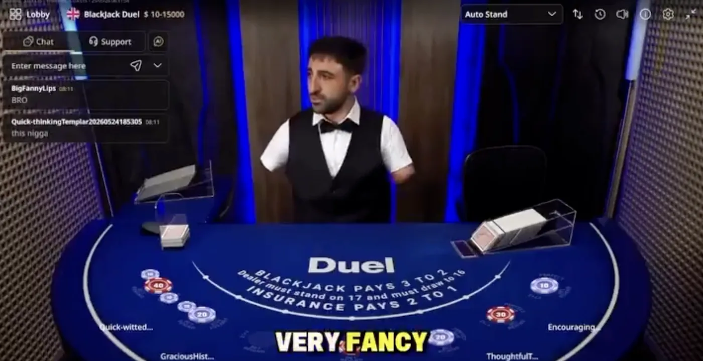 A Duel Blackjack live table dealt by a man with no hands