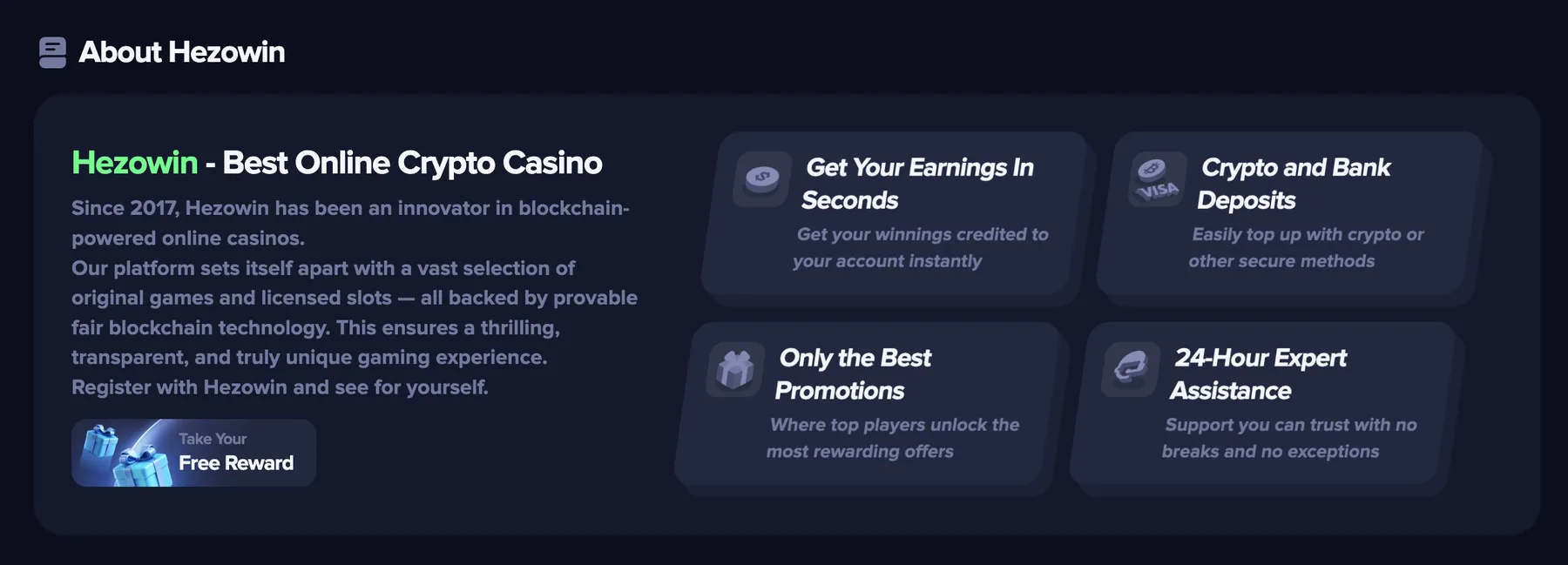 Hezowin's About section claiming the casino has been running since 2017