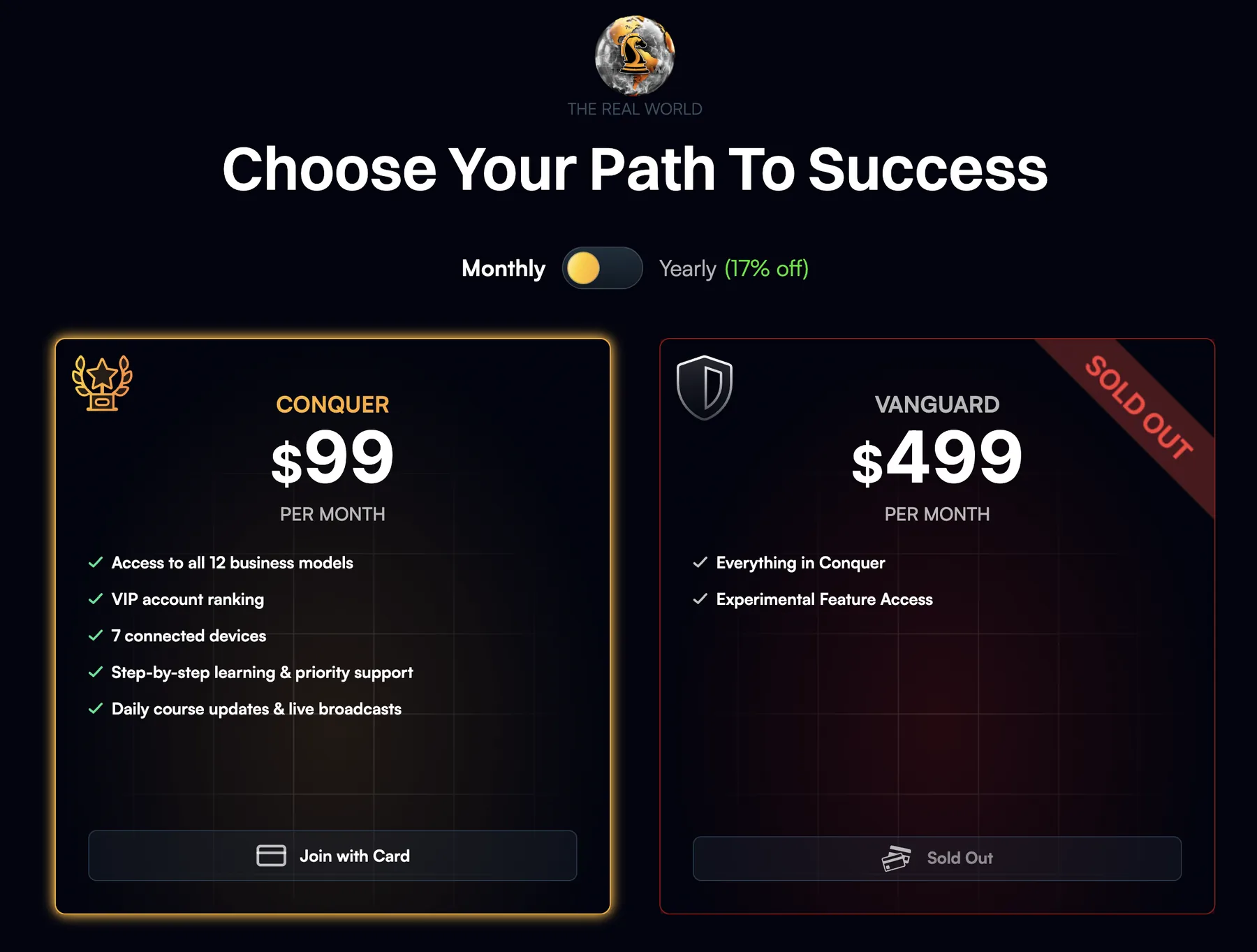 The Real World pricing page showing the $99 per month Conquer plan and a sold-out $499 Vanguard plan