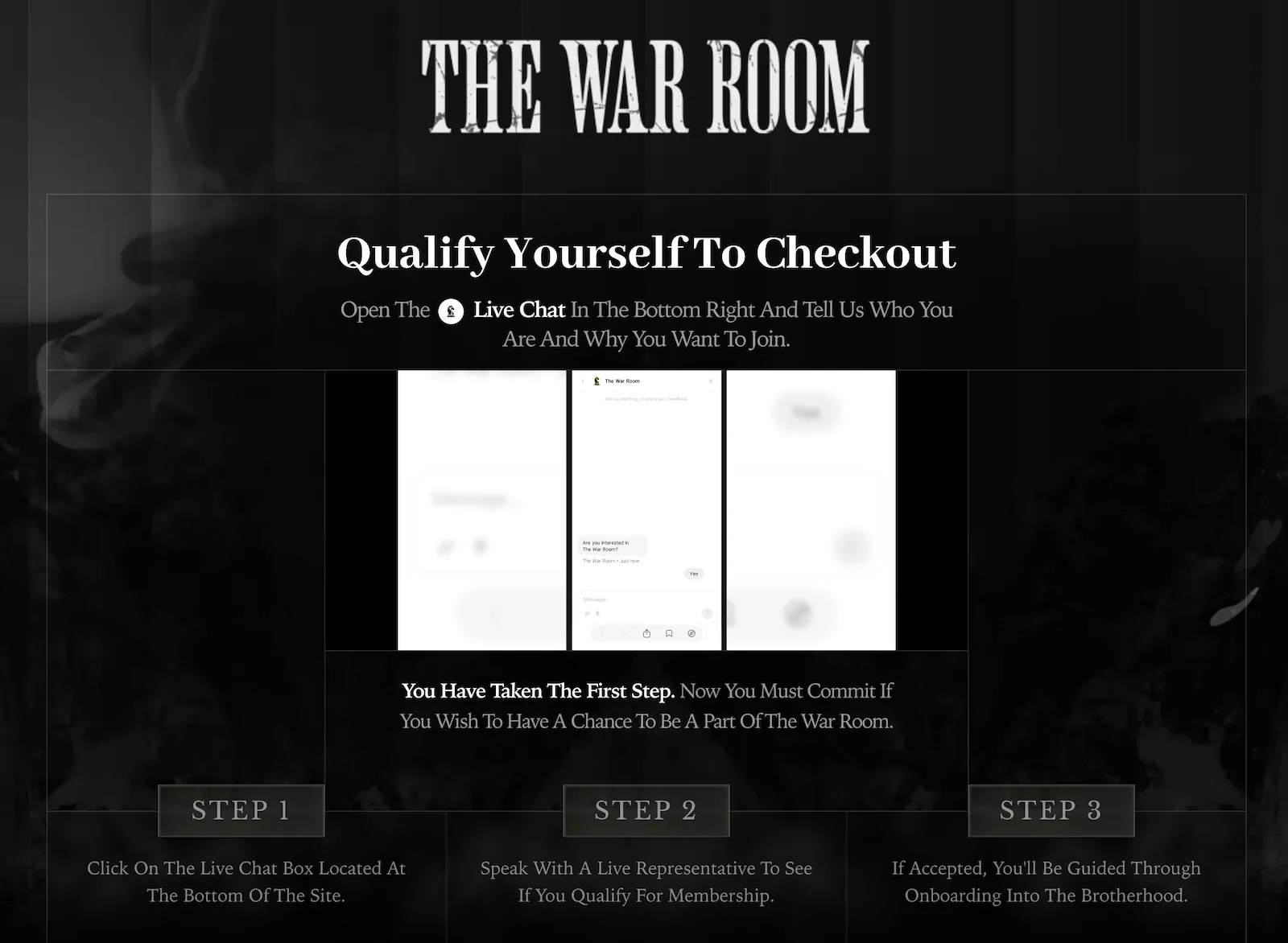 The War Room join screen showing the three steps to apply, open the live chat, speak with a representative, and get onboarded if accepted